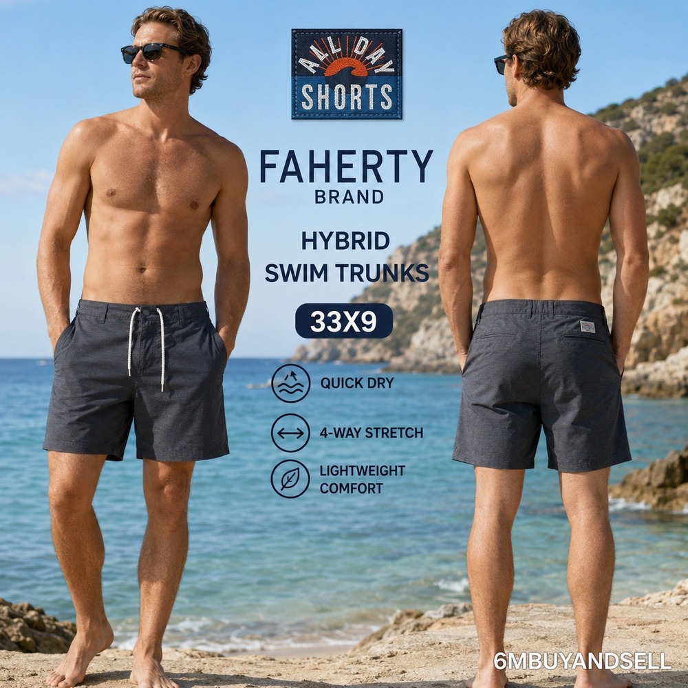 Faherty All Day Shorts Charcoal Gray Hybrid Swim Trunks Mens 33 MSC0013